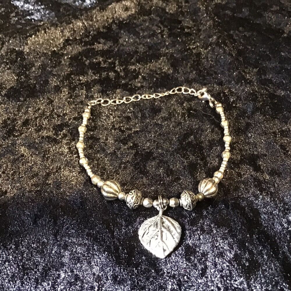 Silver Tone Beaded Leaf Charm Bracelet Adjustable Nature Fairy Boho Woodsy Fall - Picture 3 of 5